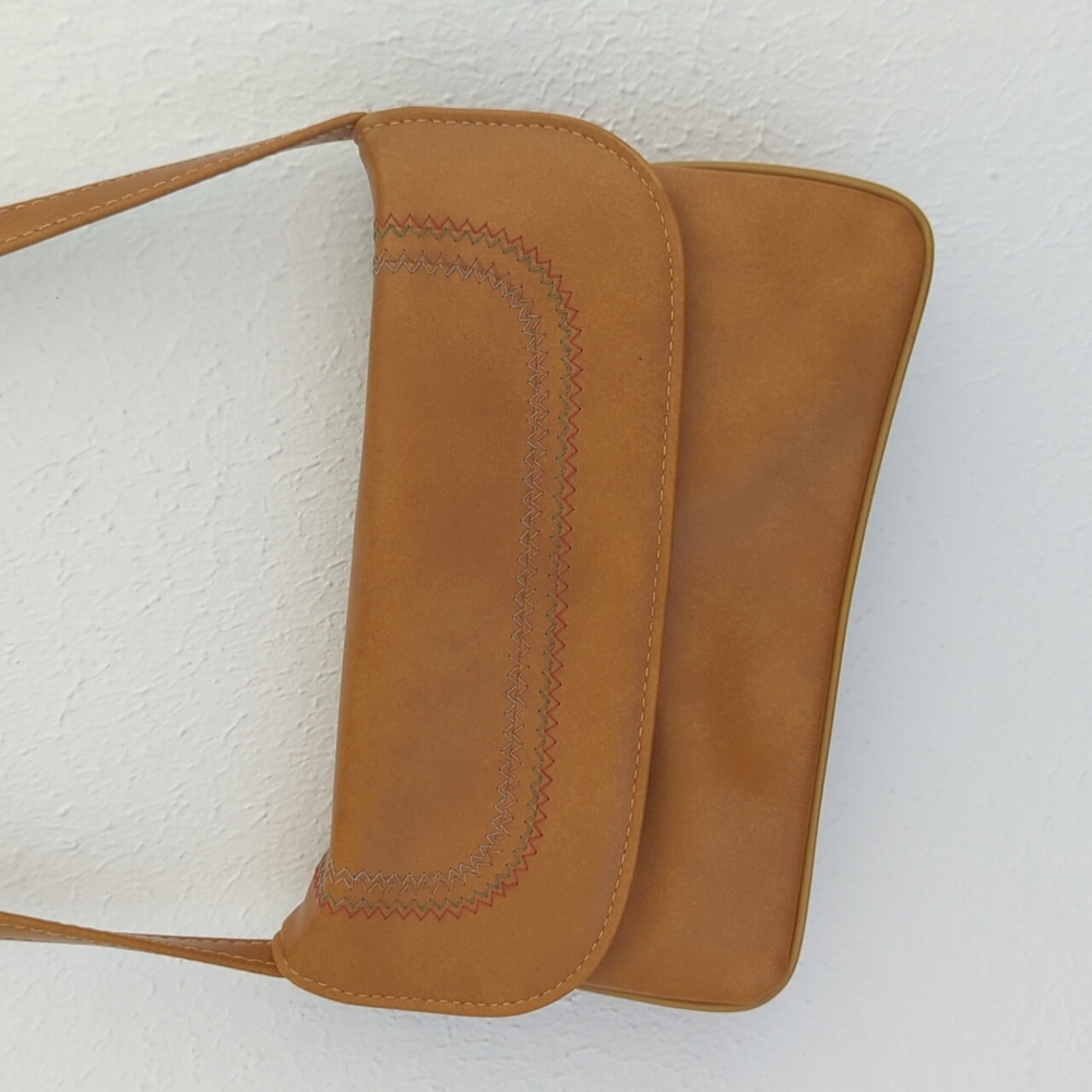 Vintage brown shoulder purse, colored thread stitching